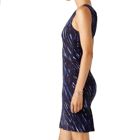 MILLY Blue Brushstroke Print V-Neck Sheath Work Career Office Midi Dress size 2 - Picture 3 of 13